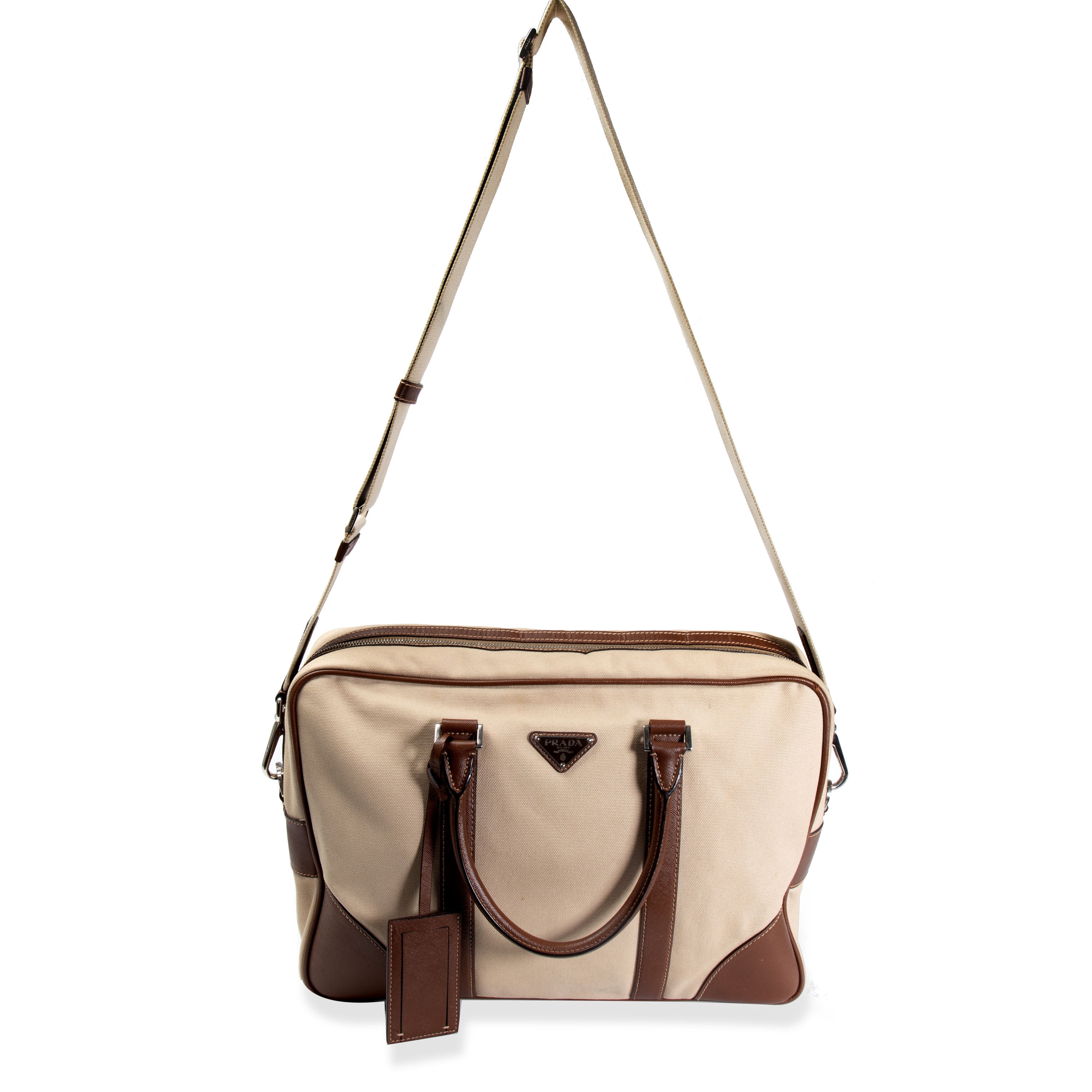 Prada, Prada Beige Canvas and Saffiano Leather Briefcase Bag