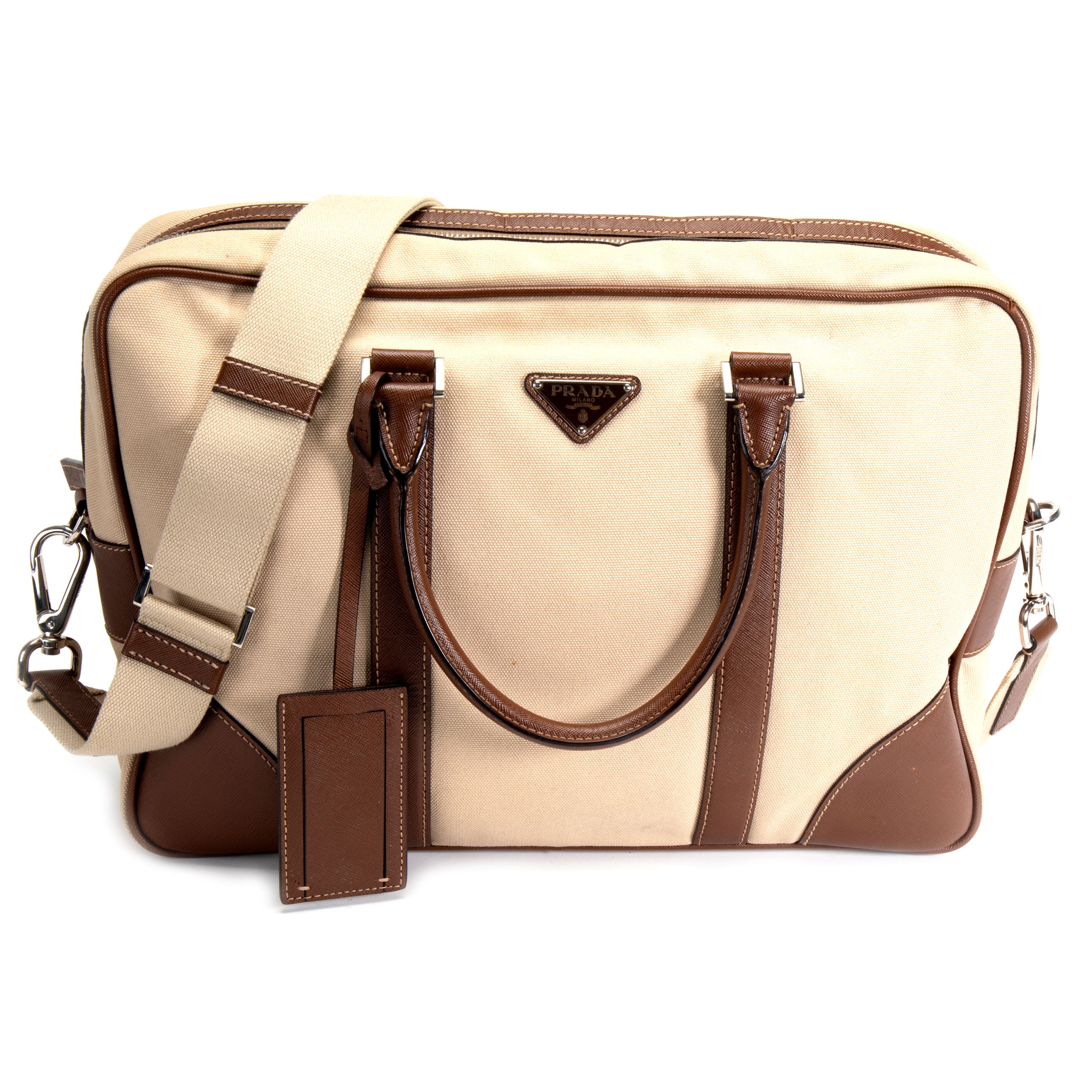 Prada, Prada Beige Canvas and Saffiano Leather Briefcase Bag